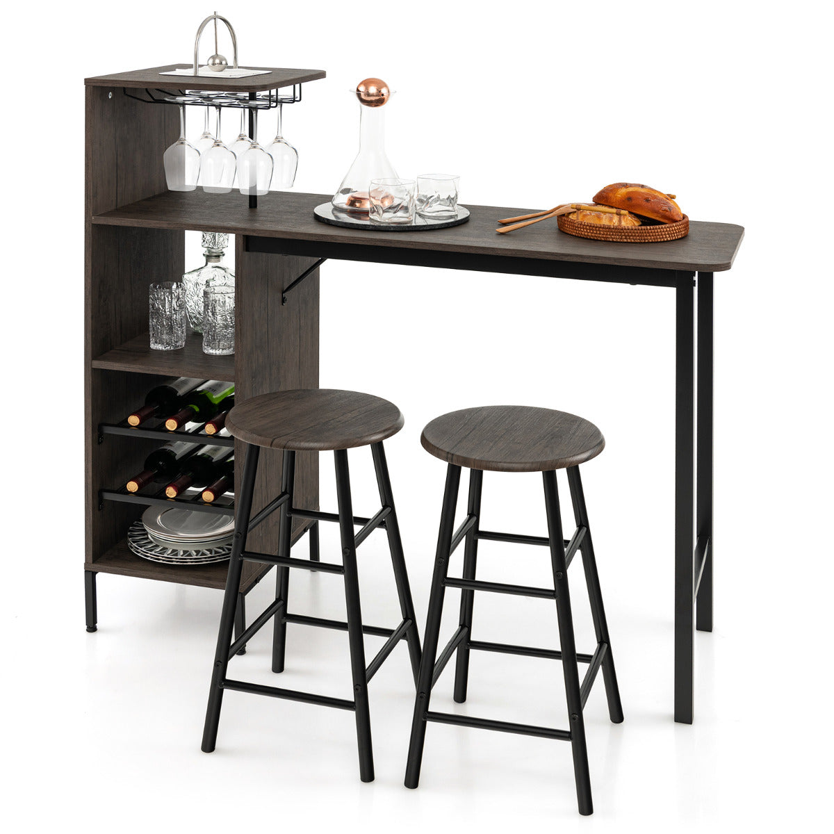 Conjunto de Mesa e 2 Taburetes de Bar com Estantes e Suportes para Copas – Castanho — foto 2