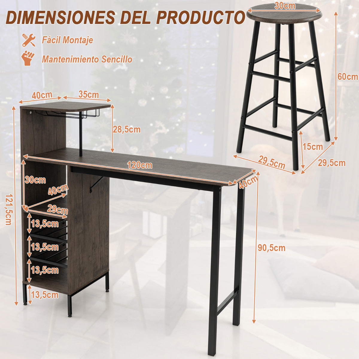 Conjunto de Mesa e 2 Taburetes de Bar com Estantes e Suportes para Copas – Castanho — foto 3