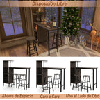 Conjunto de Mesa e 2 Taburetes de Bar com Estantes e Suportes para Copas – Castanho — foto 5