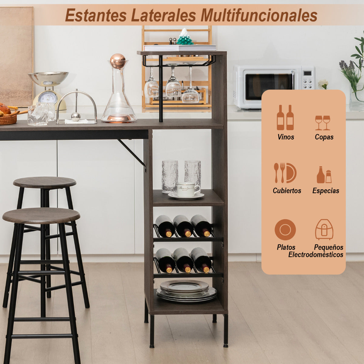 Conjunto de Mesa e 2 Taburetes de Bar com Estantes e Suportes para Copas – Castanho — foto 9