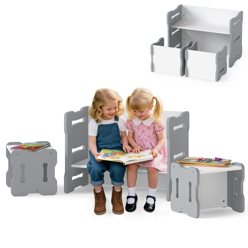 Conjunto de Mesa e Cadeira Infantil 3 Peças com 2 Bancos e Esquinas Arredondadas Cinzento — foto 2