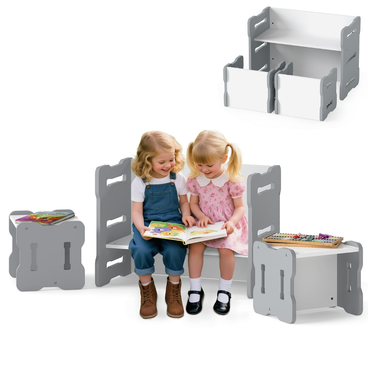 Conjunto de Mesa e Cadeira Infantil 3 Peças com 2 Bancos e Esquinas Arredondadas Cinzento — foto 2