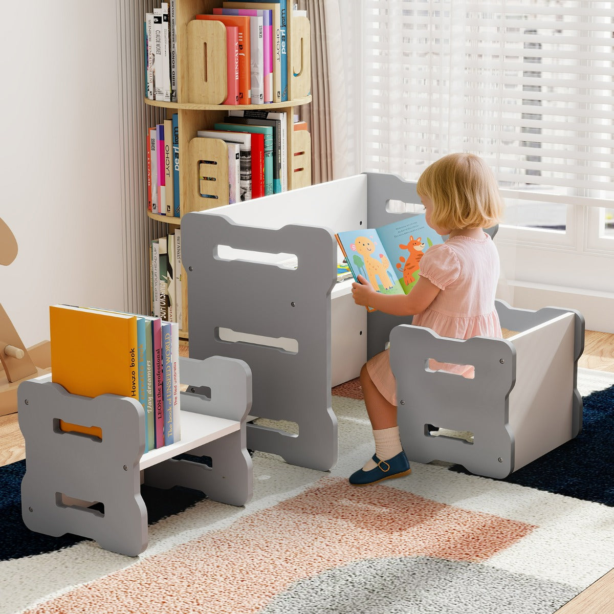 Conjunto de Mesa e Cadeira Infantil 3 Peças com 2 Bancos e Esquinas Arredondadas Cinzento — foto 4