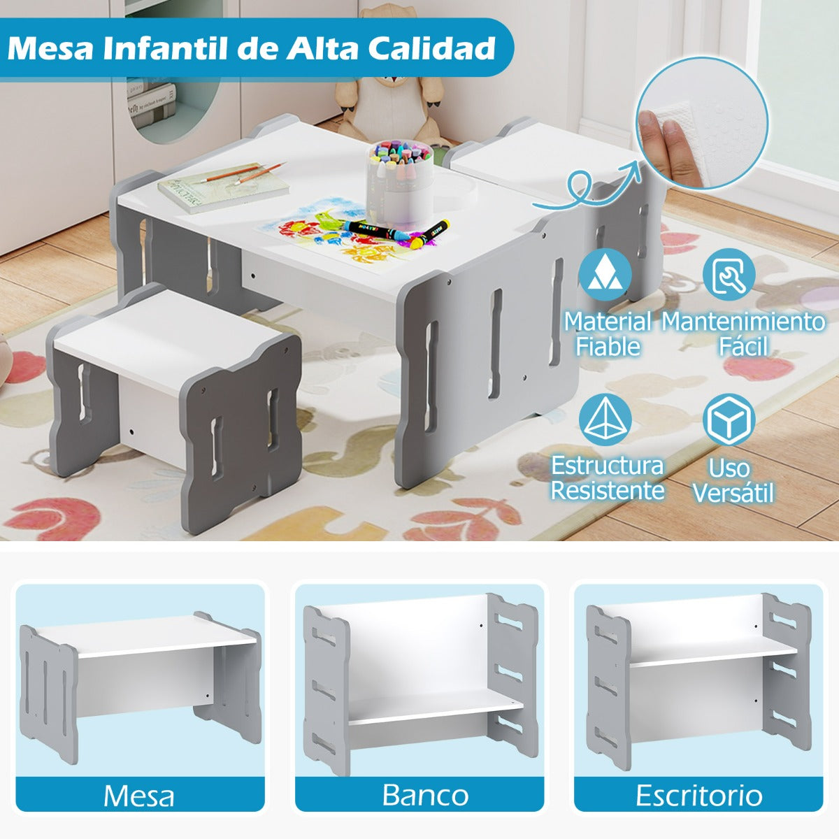 Conjunto de Mesa e Cadeira Infantil 3 Peças com 2 Bancos e Esquinas Arredondadas Cinzento — foto 7