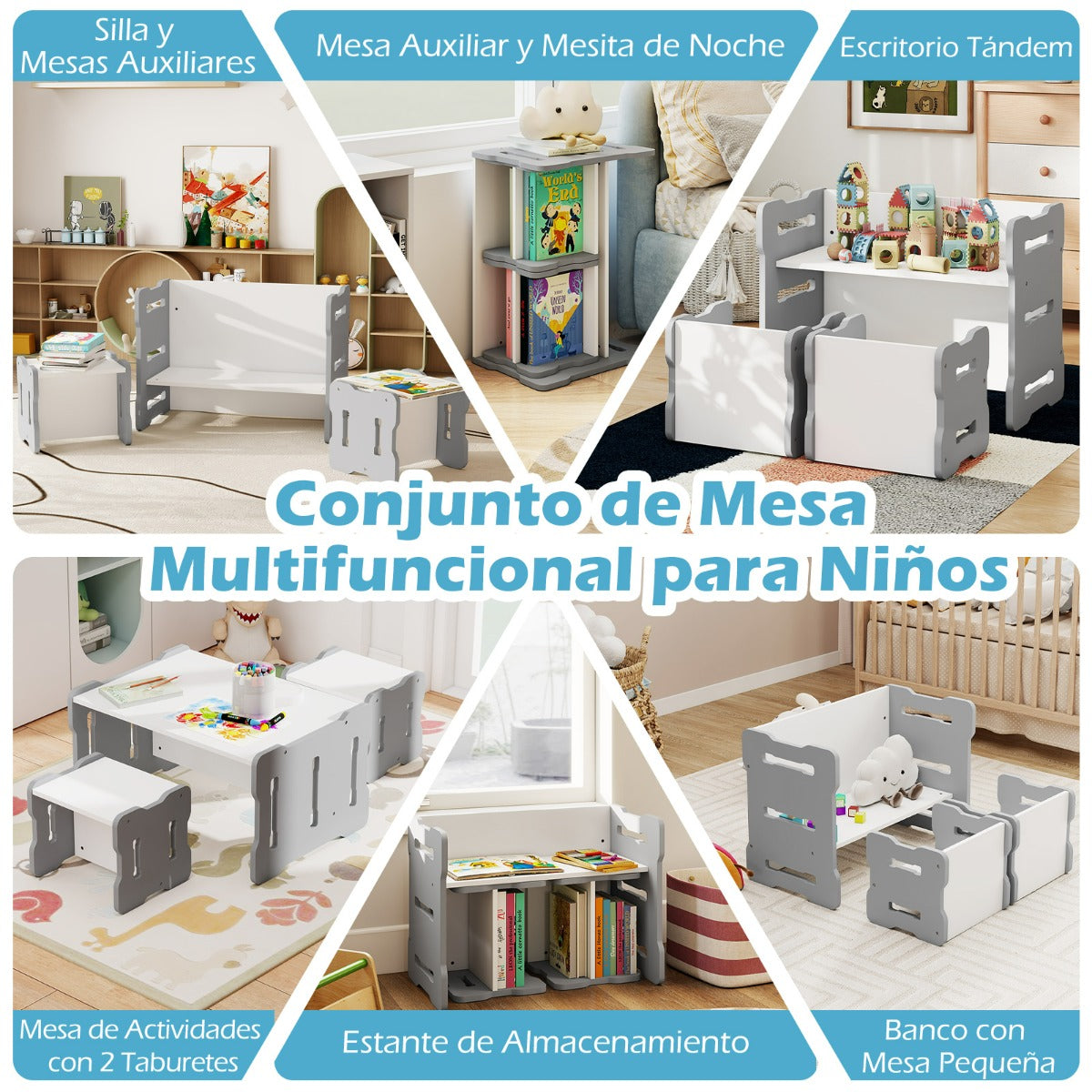 Conjunto de Mesa e Cadeira Infantil 3 Peças com 2 Bancos e Esquinas Arredondadas Cinzento — foto 9