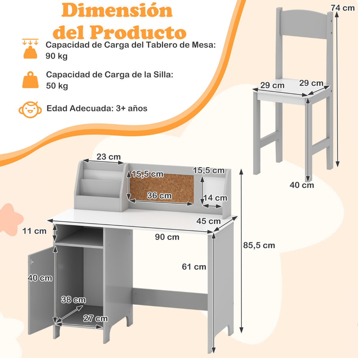 Conjunto de Mesa e Cadeira para Crianças com Quadro e Estante de Armazenamento Cinzento — foto 3