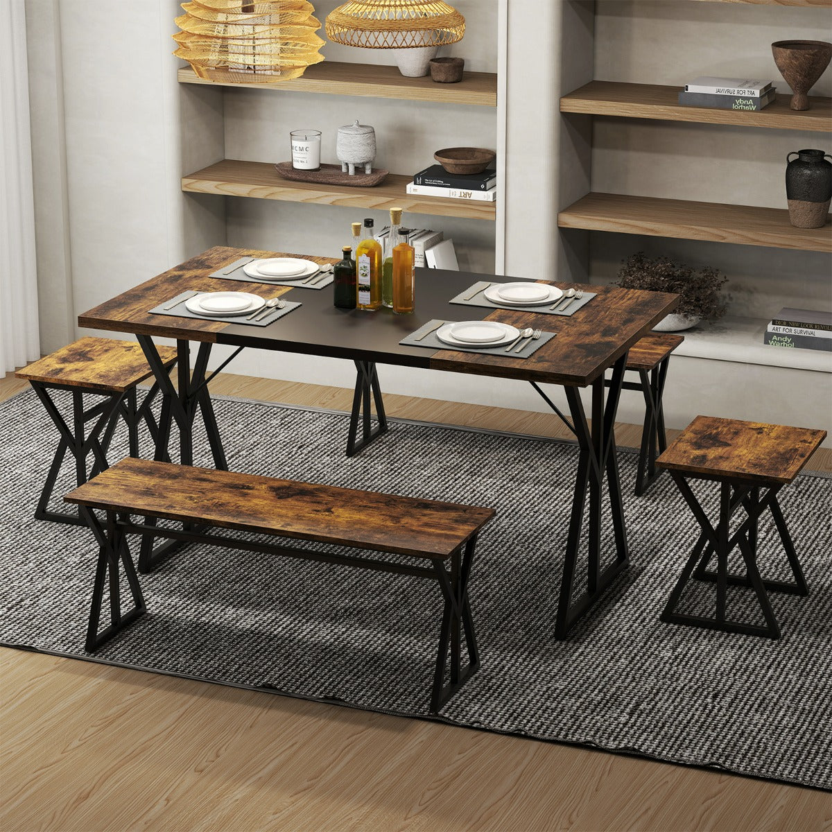 Conjunto de Sala de Jantar 5 Peças Mesa Rectangular Industrial 139cm com 2 Bancos e 2 Banquetas — foto 1