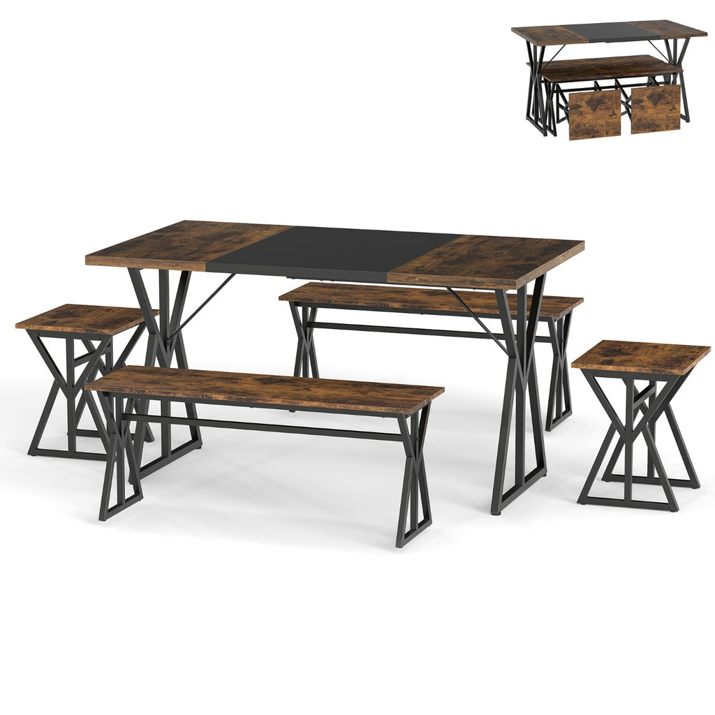 Conjunto de Sala de Jantar 5 Peças Mesa Rectangular Industrial 139cm com 2 Bancos e 2 Banquetas — foto 2