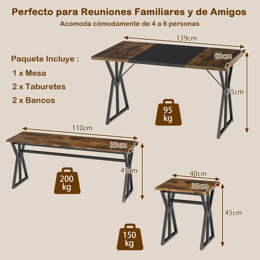 Conjunto de Sala de Jantar 5 Peças Mesa Rectangular Industrial 139cm com 2 Bancos e 2 Banquetas — foto 3