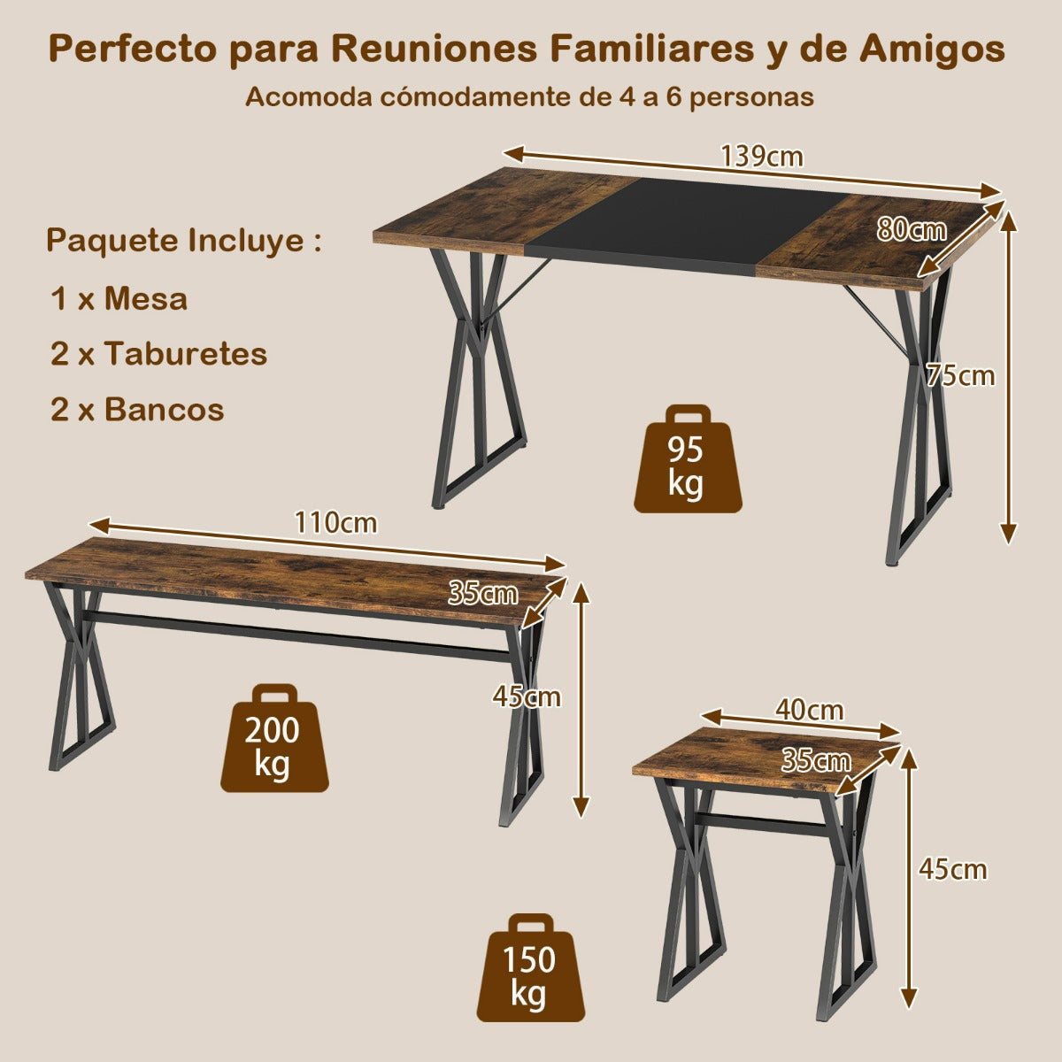 Conjunto de Sala de Jantar 5 Peças Mesa Rectangular Industrial 139cm com 2 Bancos e 2 Banquetas — foto 3