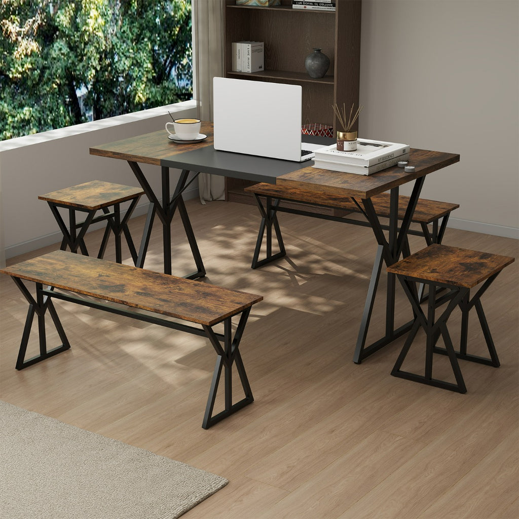 Conjunto de Sala de Jantar 5 Peças Mesa Rectangular Industrial 139cm com 2 Bancos e 2 Banquetas — foto 6