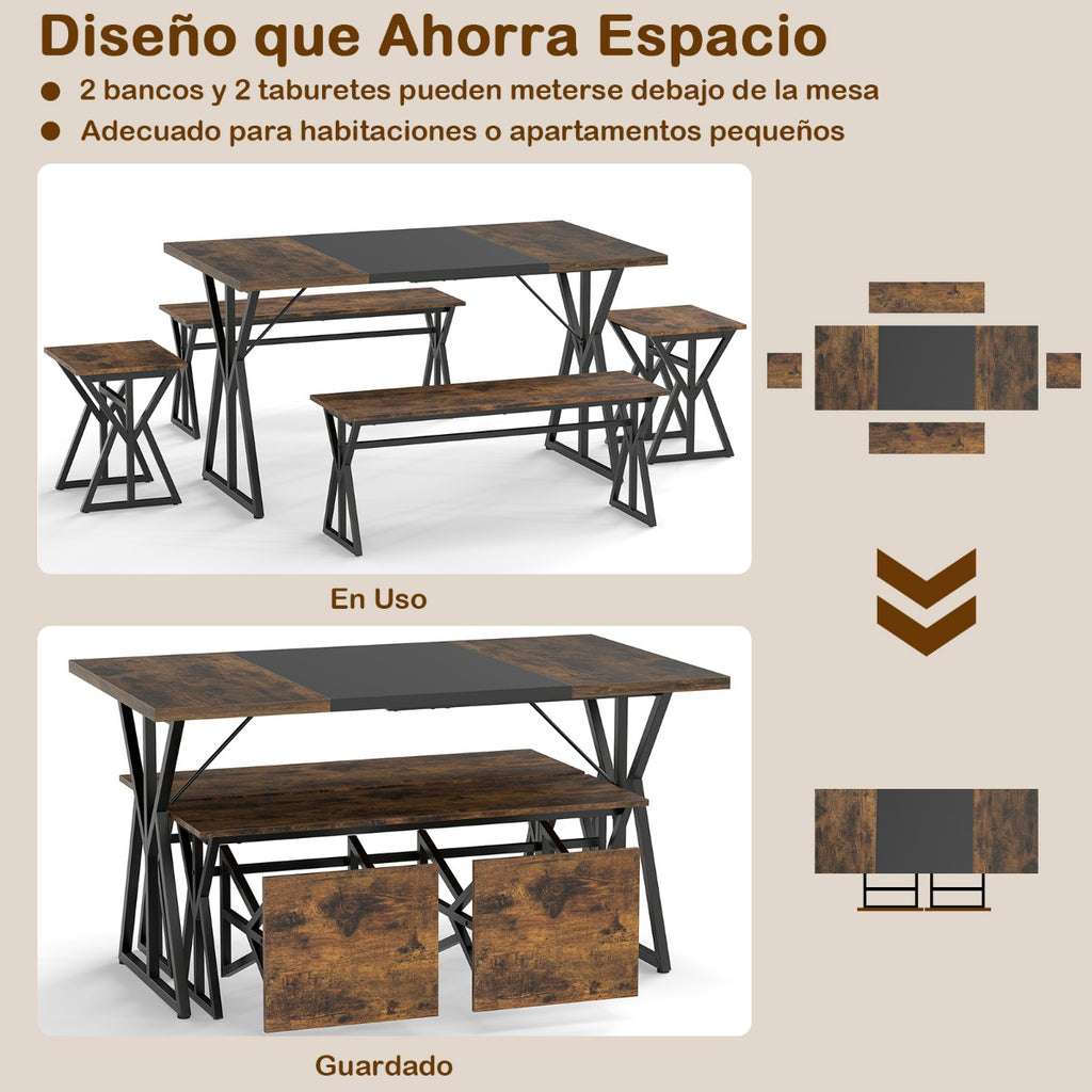 Conjunto de Sala de Jantar 5 Peças Mesa Rectangular Industrial 139cm com 2 Bancos e 2 Banquetas — foto 9