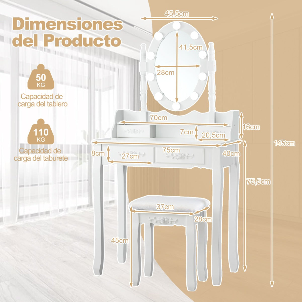 Conjunto de Tocador com Espelho Iluminado LED e Tabuleiro Acolchoado com 4 Gavetas – Branco — foto 3