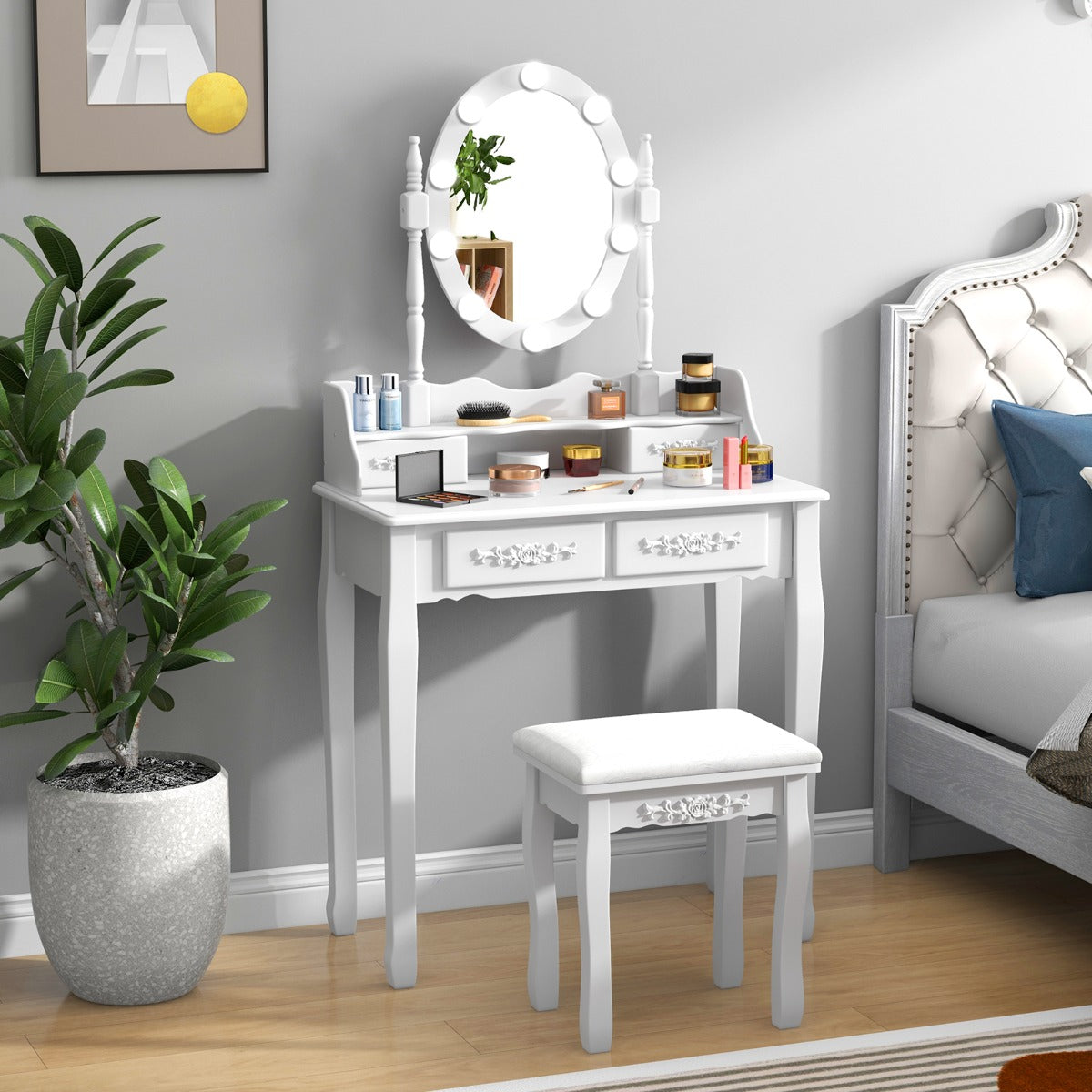 Conjunto de Tocador com Espelho Iluminado LED e Tabuleiro Acolchoado com 4 Gavetas – Branco — foto 5