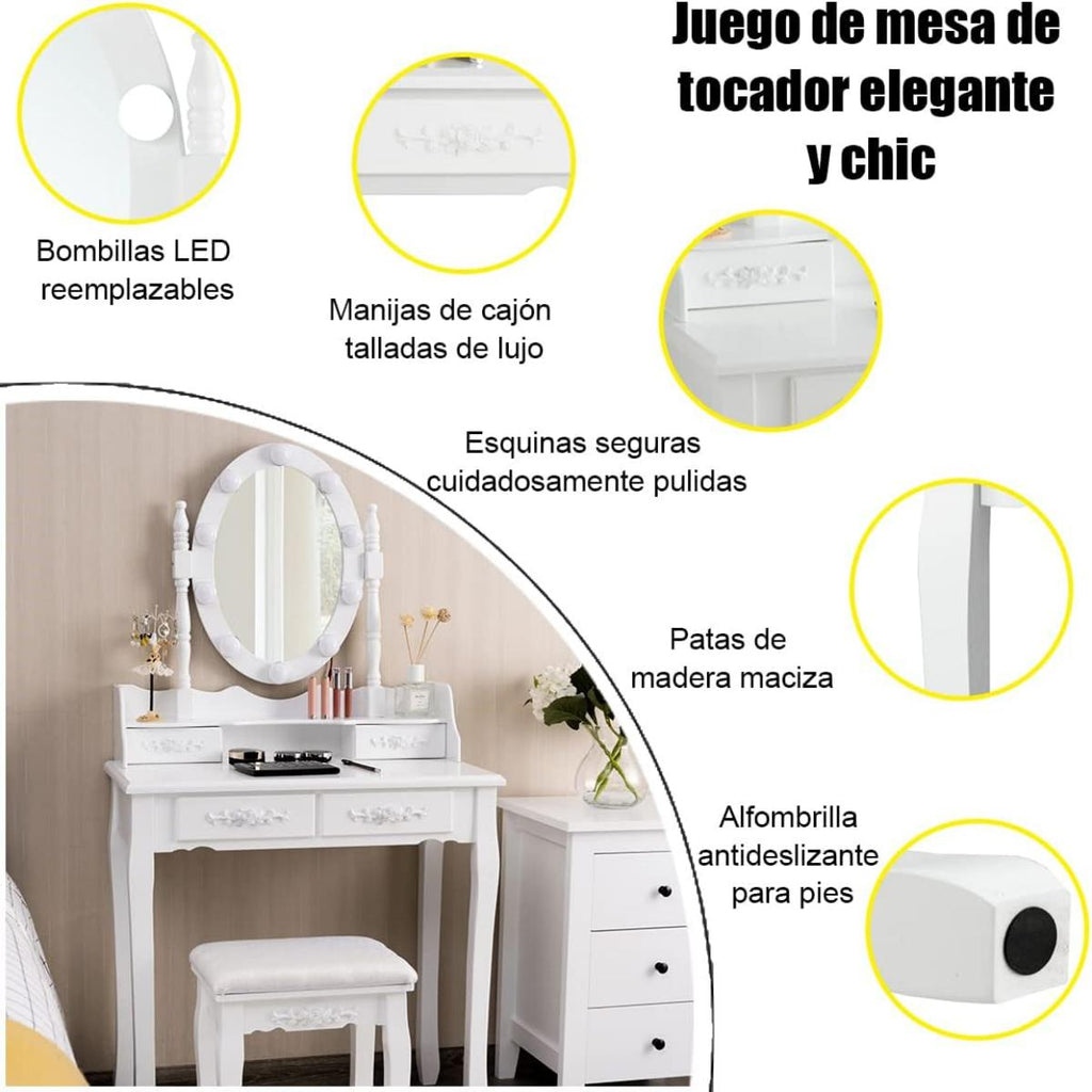 Conjunto de Tocador com Espelho Iluminado LED e Tabuleiro Acolchoado com 4 Gavetas – Branco — foto 6