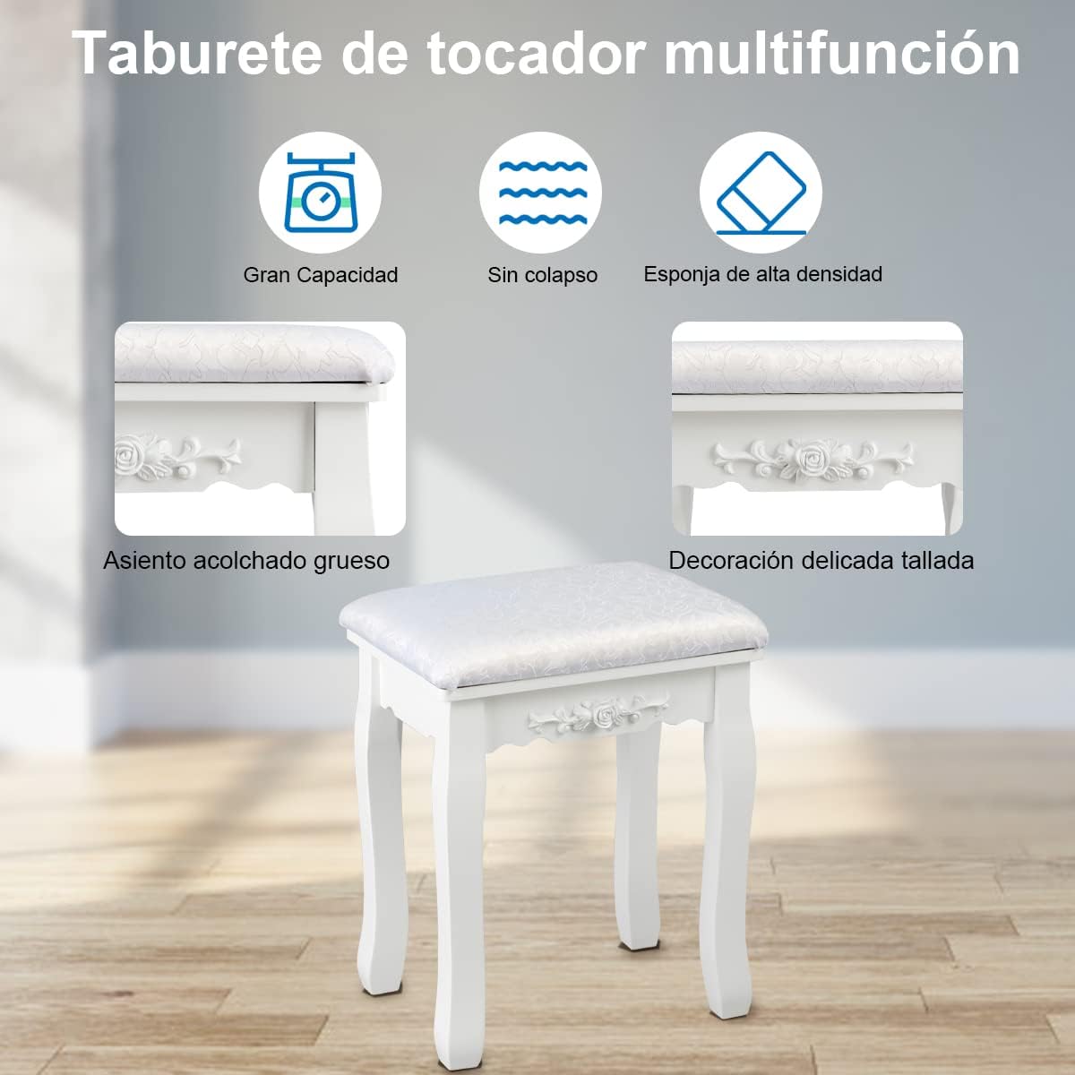 Conjunto de Tocador com Espelho Iluminado LED e Tabuleiro Acolchoado com 4 Gavetas – Branco — foto 7