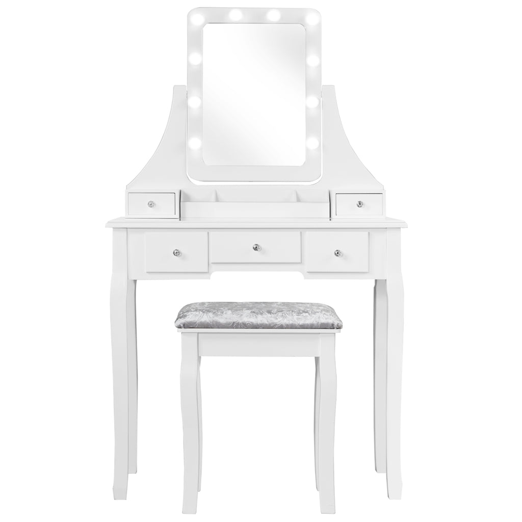 Conjunto de Tocador com Espelho Retangular e Banco para Maquilhagem com 10 Lâmpadas LED 80 x 40 x 135,5 cm – Branco — foto 2