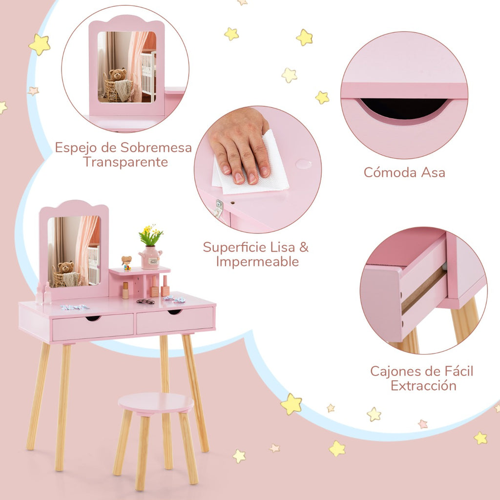 Conjunto de Tocador e Banco Infantil com Espelho Retangular e 2 Gavetas Grandes – Rosa — foto 5