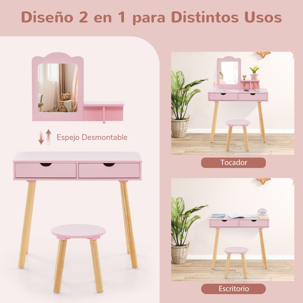 Conjunto de Tocador e Banco Infantil com Espelho Retangular e 2 Gavetas Grandes – Rosa — foto 7