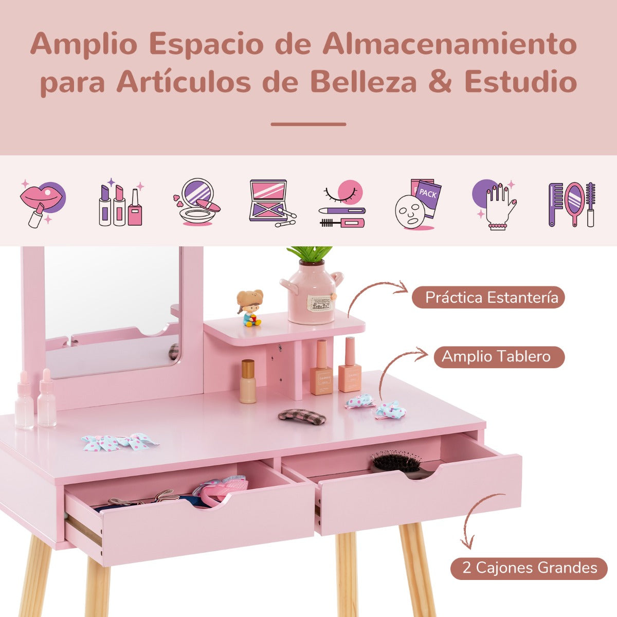 Conjunto de Tocador e Banco Infantil com Espelho Retangular e 2 Gavetas Grandes – Rosa — foto 8