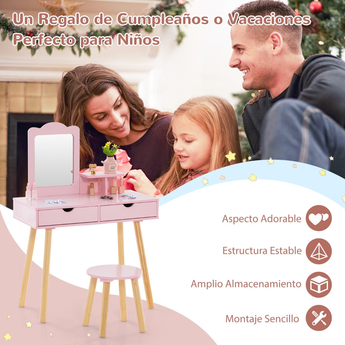Conjunto de Tocador e Banco Infantil com Espelho Retangular e 2 Gavetas Grandes – Rosa — foto 9