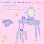 Conjunto de Tocador Infantil com Espelho Iluminado e Tabuleiro Acolchoado para Crianças – Roxo — foto 3