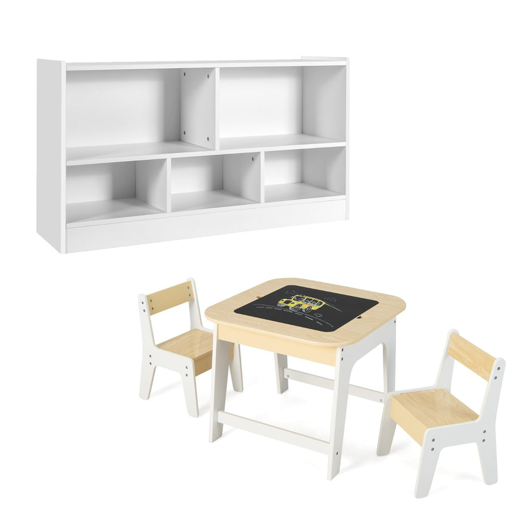 Conjunto Infantil Mesa e Cadeiras com Tabuleiro Dupla Face e Estante Organizadora de 5 Cubos Branco — foto 1