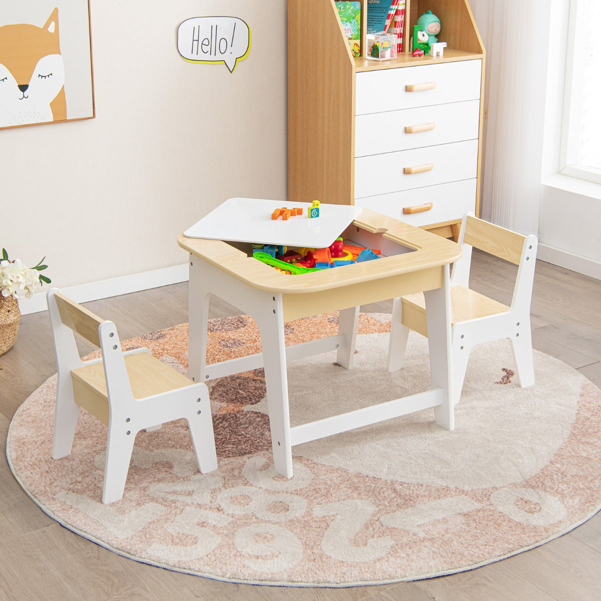 Conjunto Infantil Mesa e Cadeiras com Tabuleiro Dupla Face e Estante Organizadora de 5 Cubos Branco — foto 6