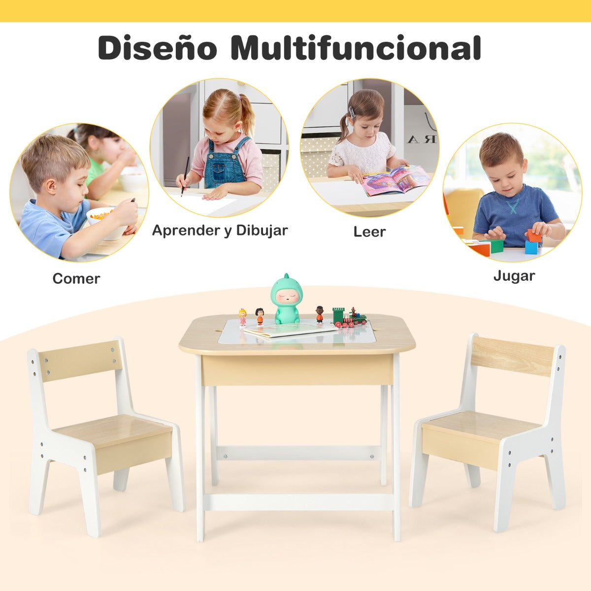Conjunto Infantil Mesa e Cadeiras com Tabuleiro Dupla Face e Estante Organizadora de 5 Cubos Branco — foto 9