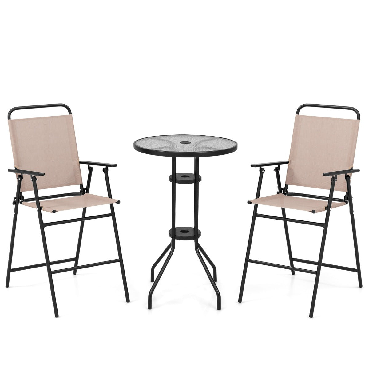 Conjunto Mesa e 2 Cadeiras Terraço - Mesa Vidro Temperado e Cadeiras Dobráveis Jardim Exterior Bege — foto 2