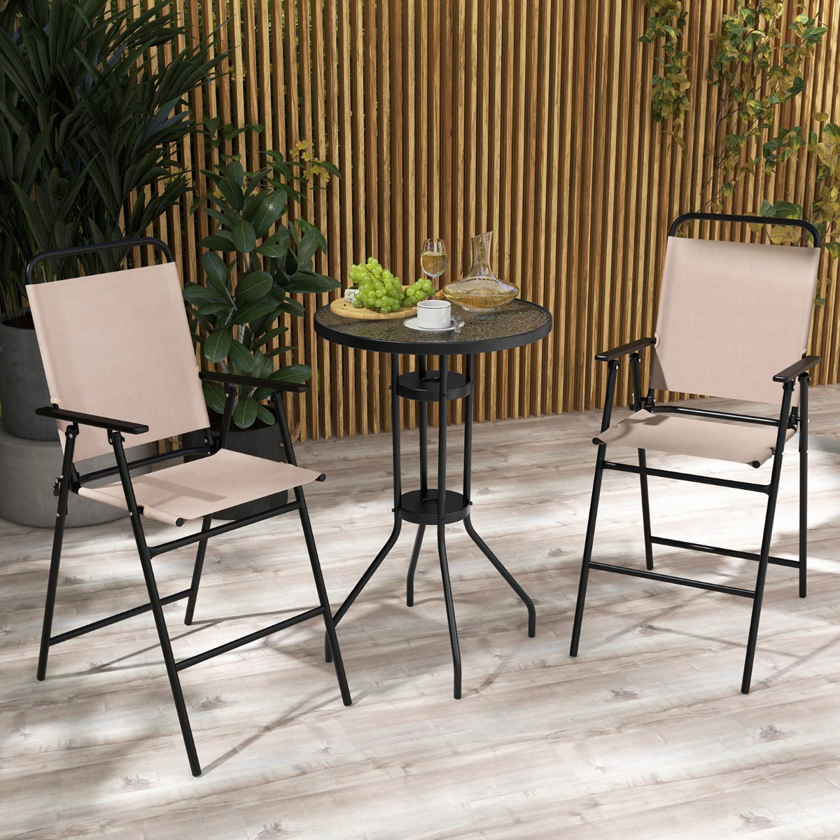 Conjunto Mesa e 2 Cadeiras Terraço - Mesa Vidro Temperado e Cadeiras Dobráveis Jardim Exterior Bege — foto 5