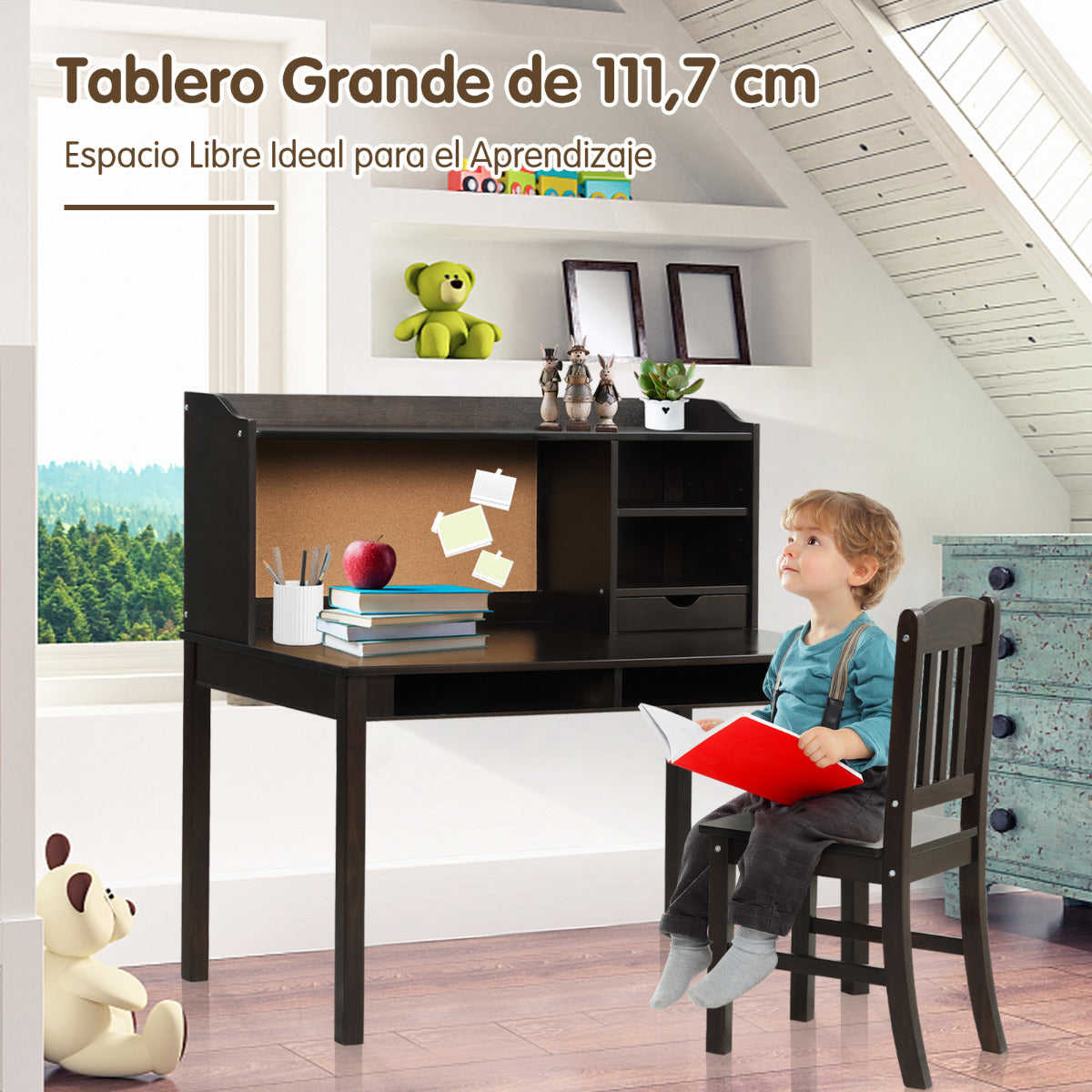 Conjunto Mesa e Cadeira Infantil com Gavetas e Prateleiras - Escritório Criança Castanho — foto 10