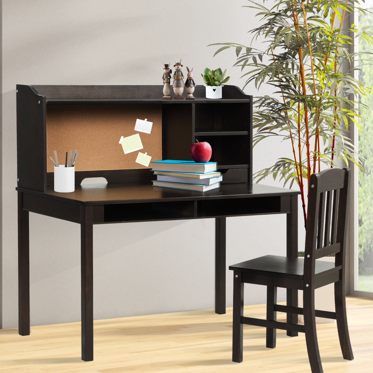 Conjunto Mesa e Cadeira Infantil com Gavetas e Prateleiras - Escritório Criança Castanho — foto 4