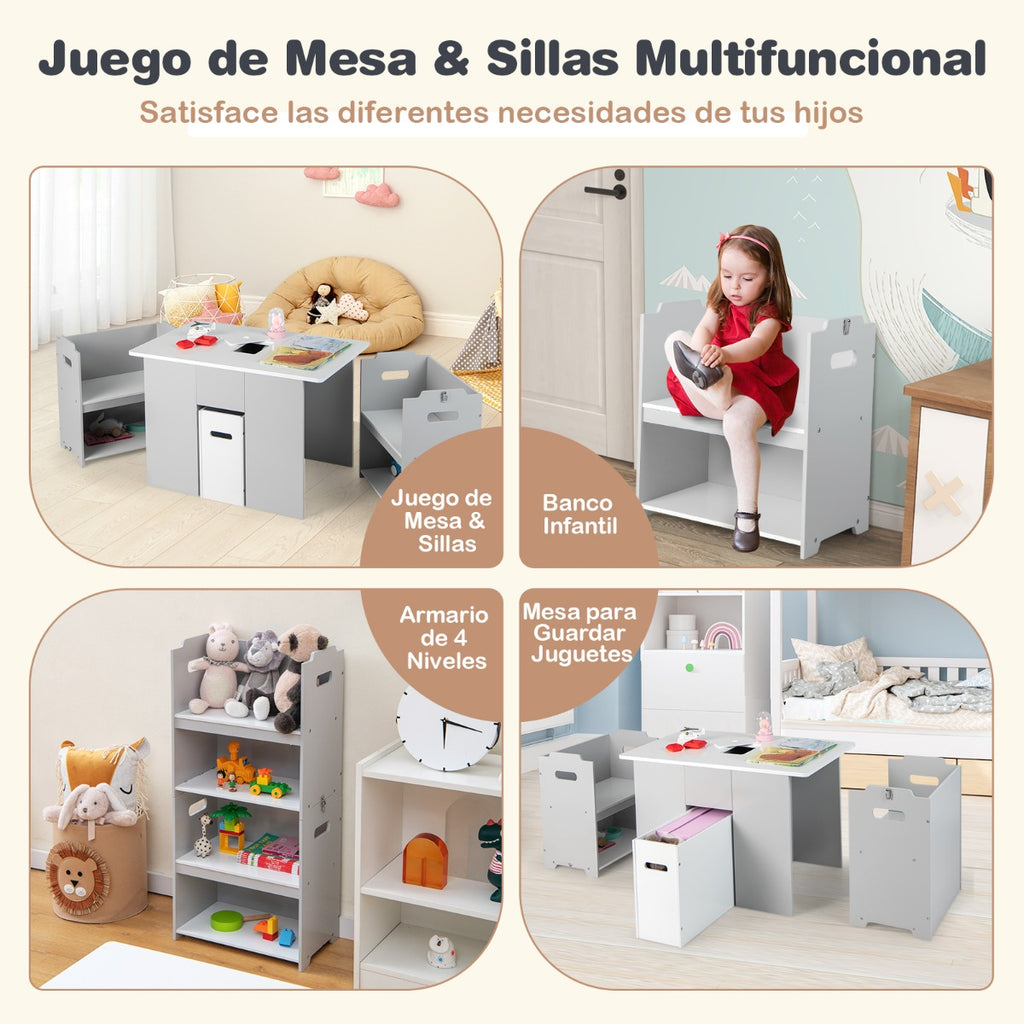 Conjunto Mesa e Cadeiras Infantil 4 em 1 com Compartimento de Arrumação - Cinzento/Branco - 3+ Anos — foto 4