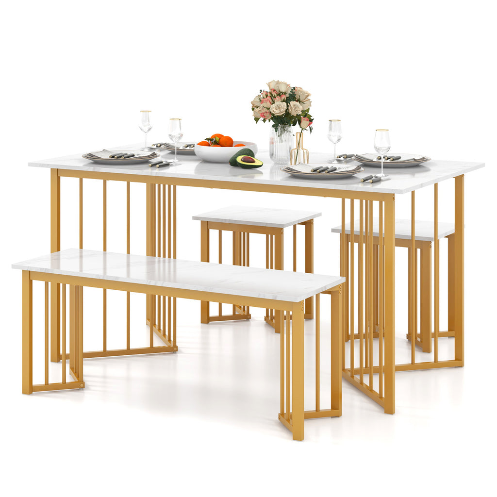 Conjunto Mesa Jantar 4 Peças Retangular com Banco e 2 Banquetas Pés Metal Efeito Mármore Branco 150cm — foto 2