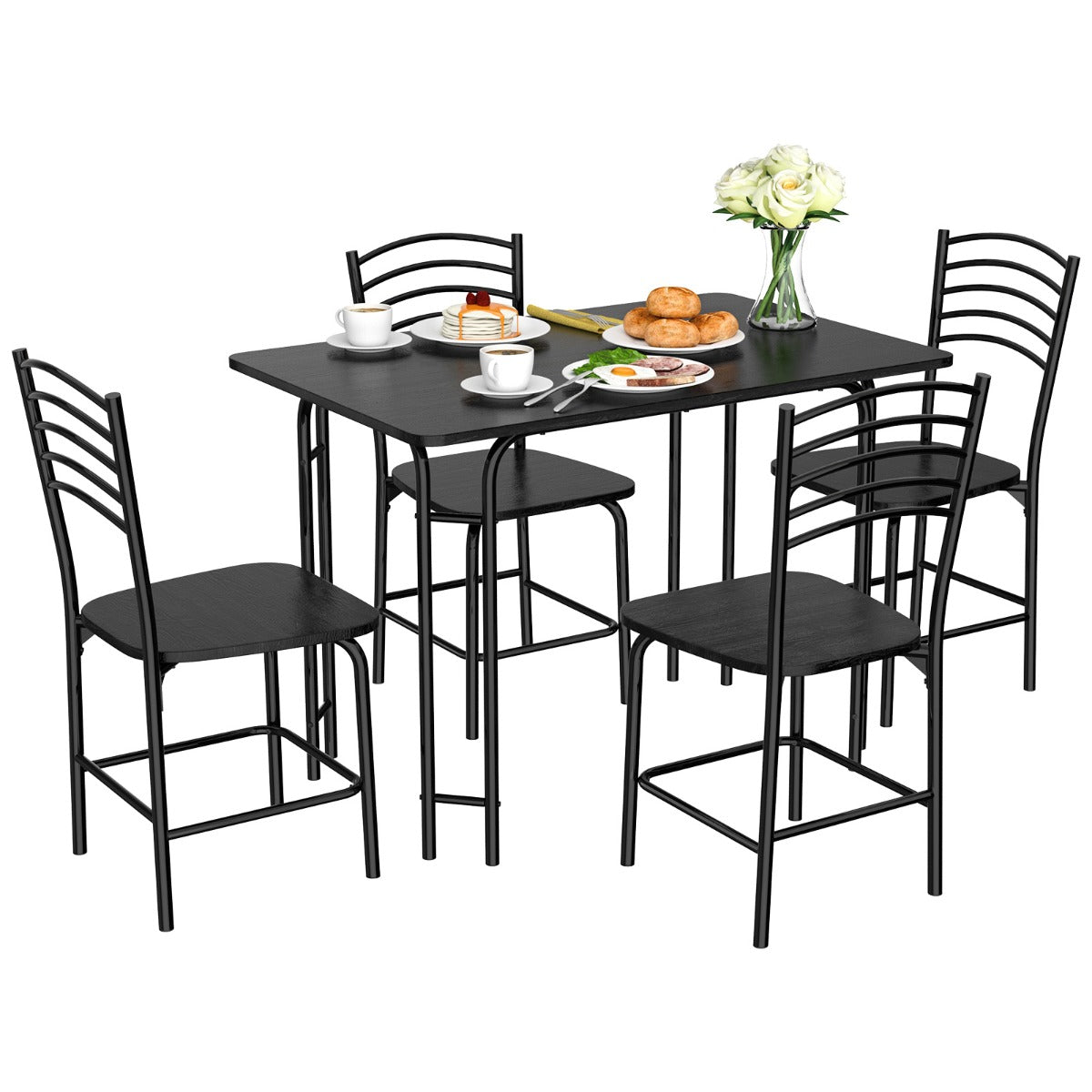 Conjunto Mesa Retangular e 4 Cadeiras Sala Jantar Estrutura Metal Antioxidante Assentos Amplos Preto — foto 2