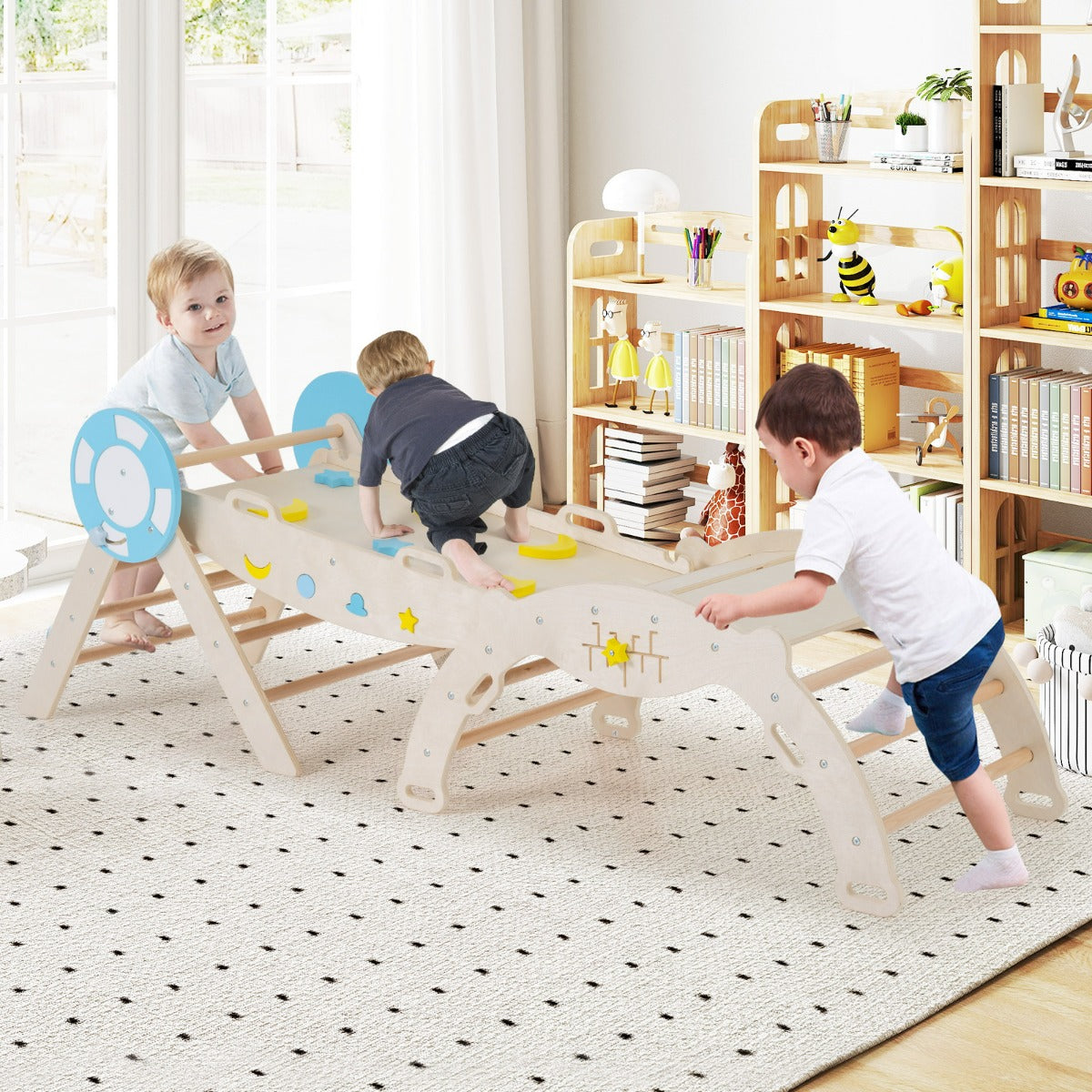Conjunto Triangular 8 em 1 Brinquedos de Escalada para Bebés com Rampa Escada e Arco Montessori em Madeira — foto 1