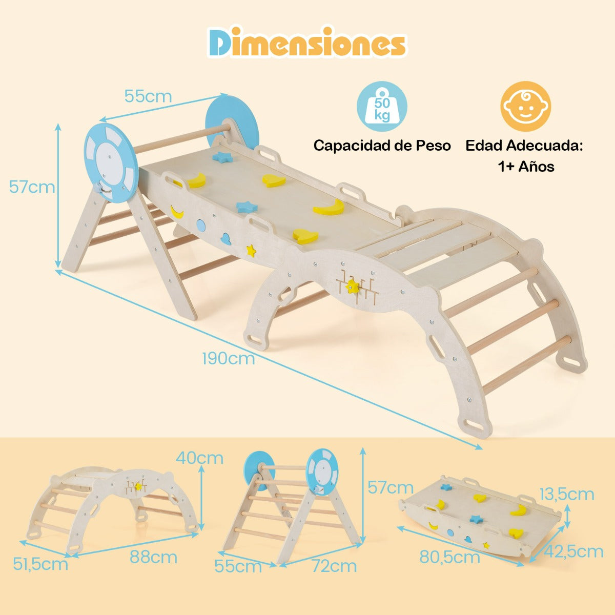 Conjunto Triangular 8 em 1 Brinquedos de Escalada para Bebés com Rampa Escada e Arco Montessori em Madeira — foto 3