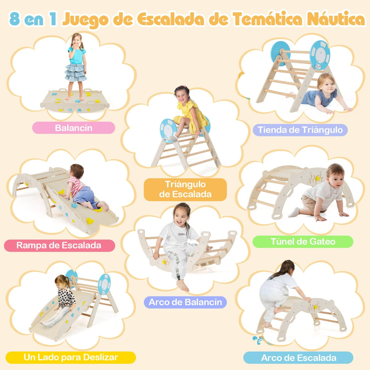 Conjunto Triangular 8 em 1 Brinquedos de Escalada para Bebés com Rampa Escada e Arco Montessori em Madeira — foto 4
