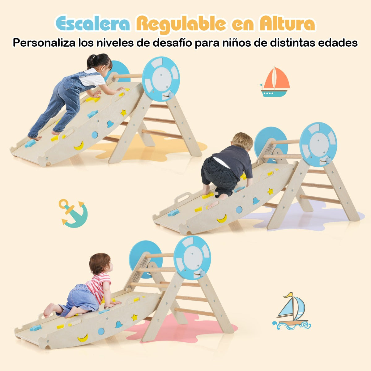 Conjunto Triangular 8 em 1 Brinquedos de Escalada para Bebés com Rampa Escada e Arco Montessori em Madeira — foto 9