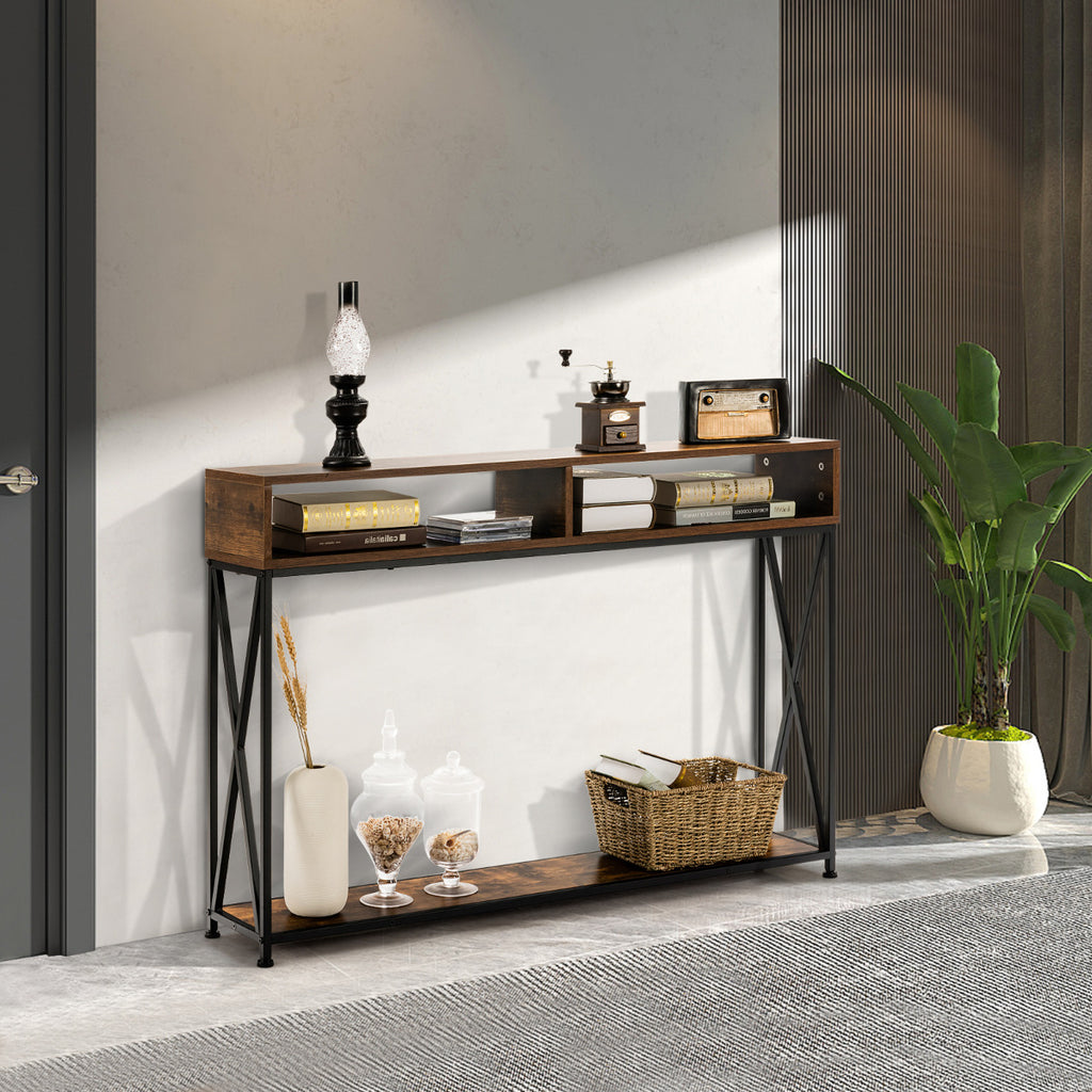 Consola com 2 Níveis Mesa Auxiliar com Repisa Aberta e Compartimentos em Aço Castanho — foto 1