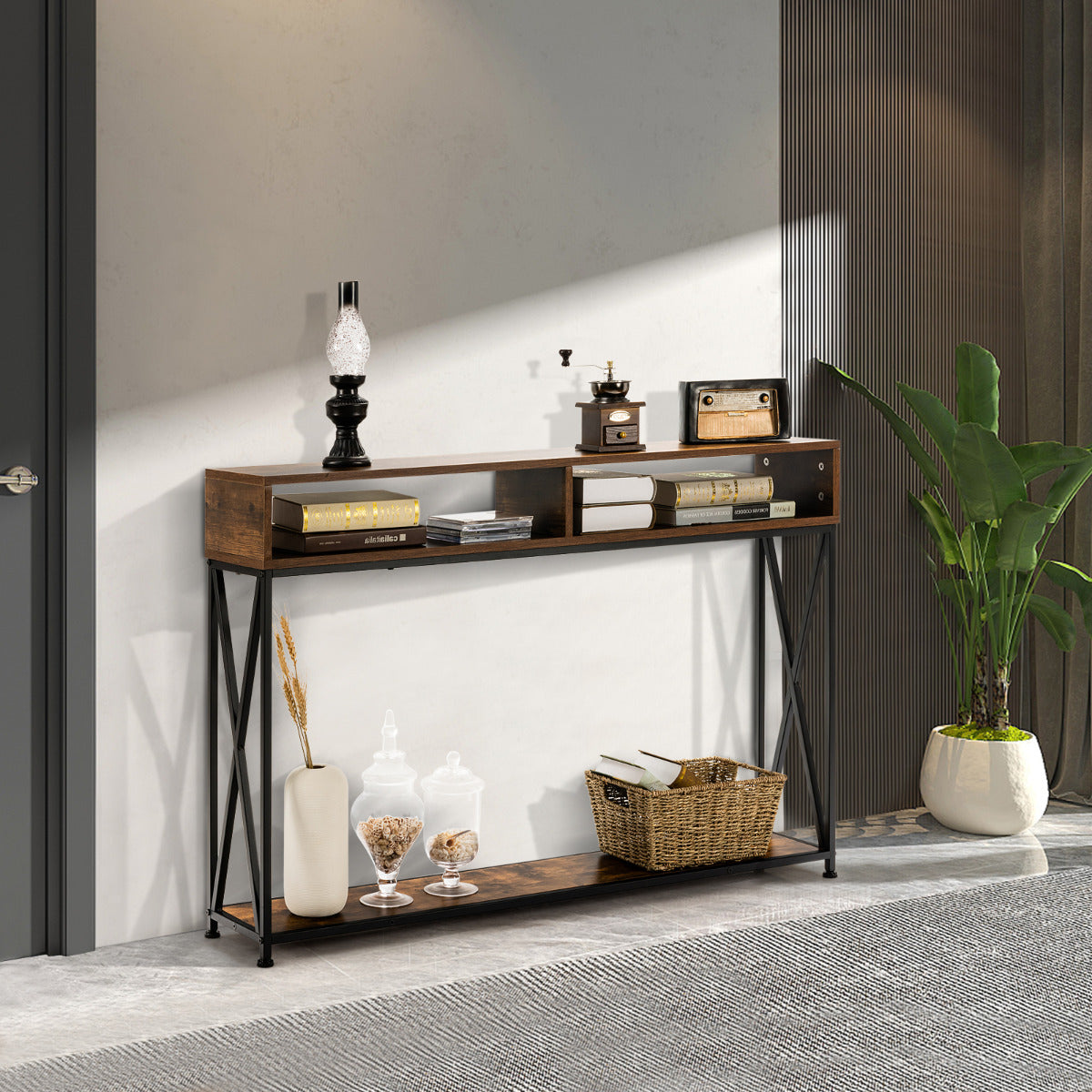 Consola com 2 Níveis Mesa Auxiliar com Repisa Aberta e Compartimentos em Aço Castanho — foto 1