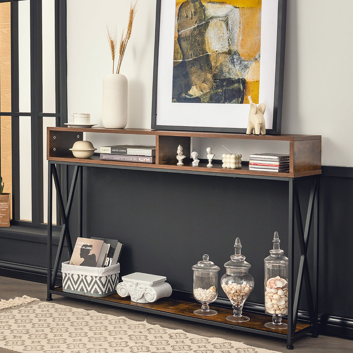 Consola com 2 Níveis Mesa Auxiliar com Repisa Aberta e Compartimentos em Aço Castanho — foto 4