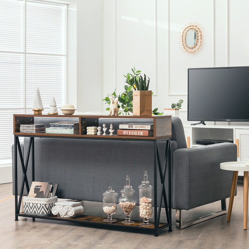 Consola com 2 Níveis Mesa Auxiliar com Repisa Aberta e Compartimentos em Aço Castanho — foto 5