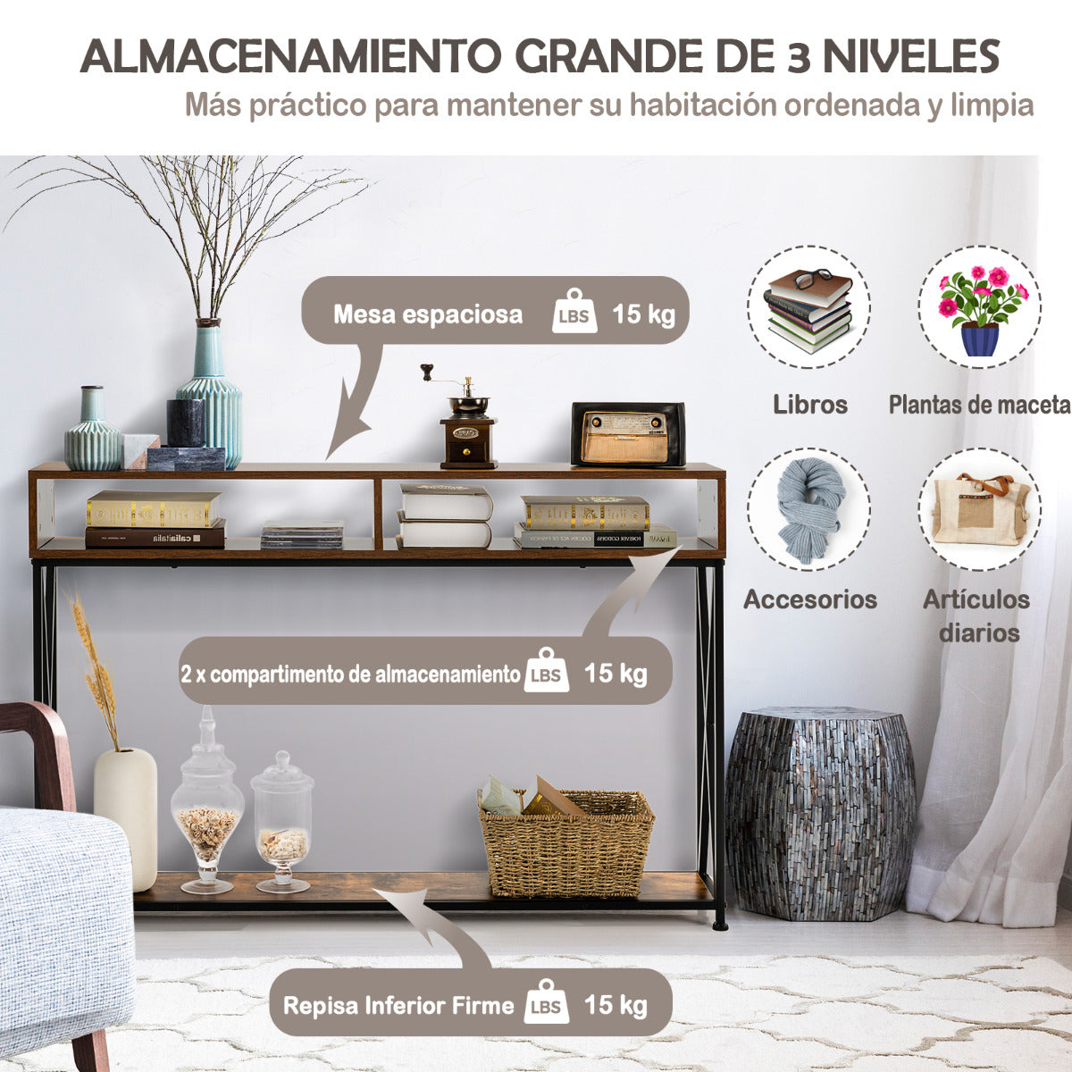 Consola com 2 Níveis Mesa Auxiliar com Repisa Aberta e Compartimentos em Aço Castanho — foto 6