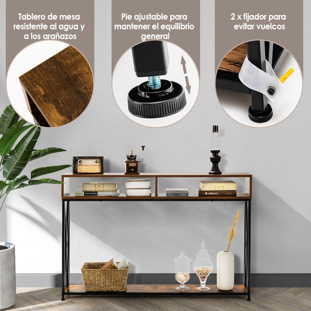 Consola com 2 Níveis Mesa Auxiliar com Repisa Aberta e Compartimentos em Aço Castanho — foto 7