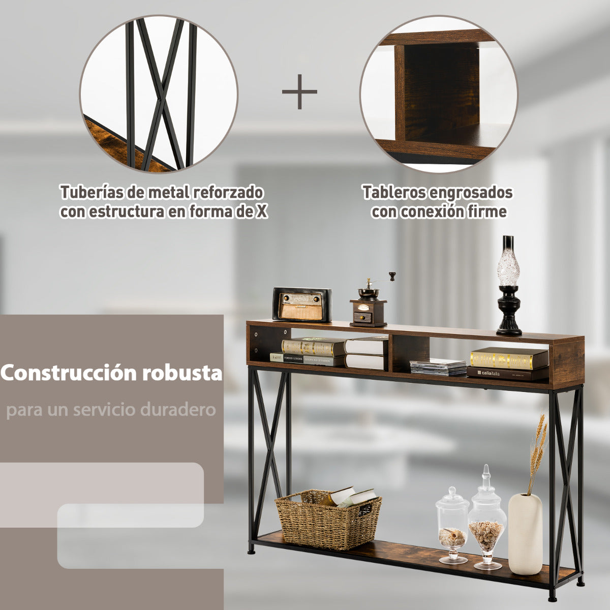 Consola com 2 Níveis Mesa Auxiliar com Repisa Aberta e Compartimentos em Aço Castanho — foto 8