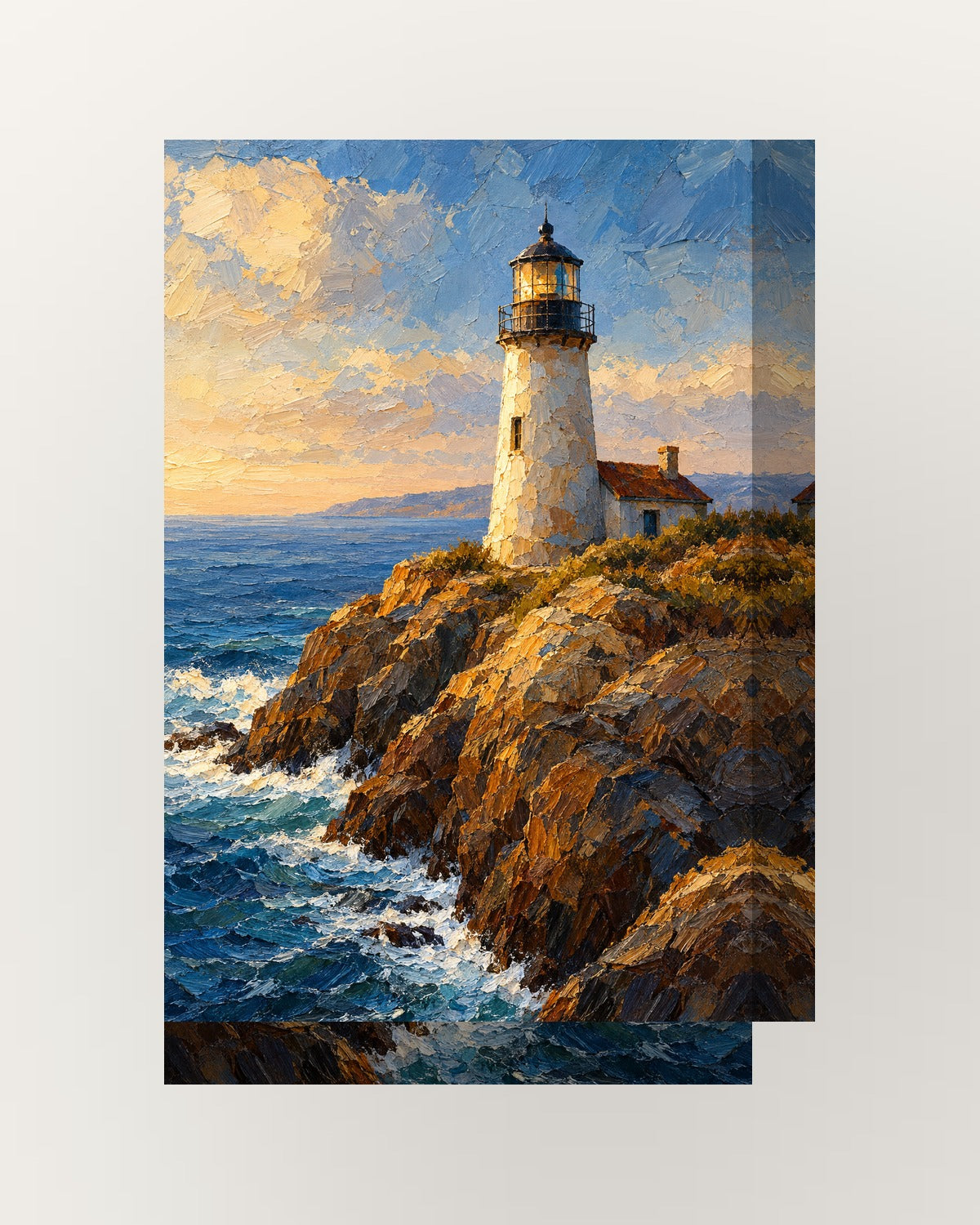 Farol · Pintura a óleo · Quadro de costa e oceano — acabamento:thick