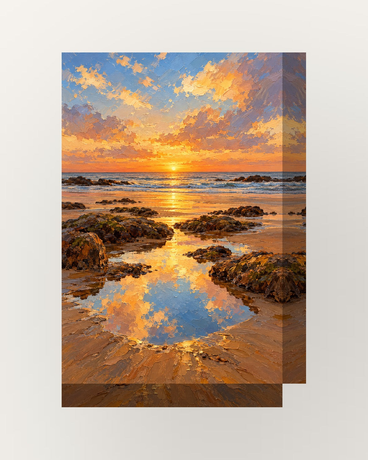 Maré baixa · Pintura a óleo · Quadro de costa e oceano — acabamento:thick