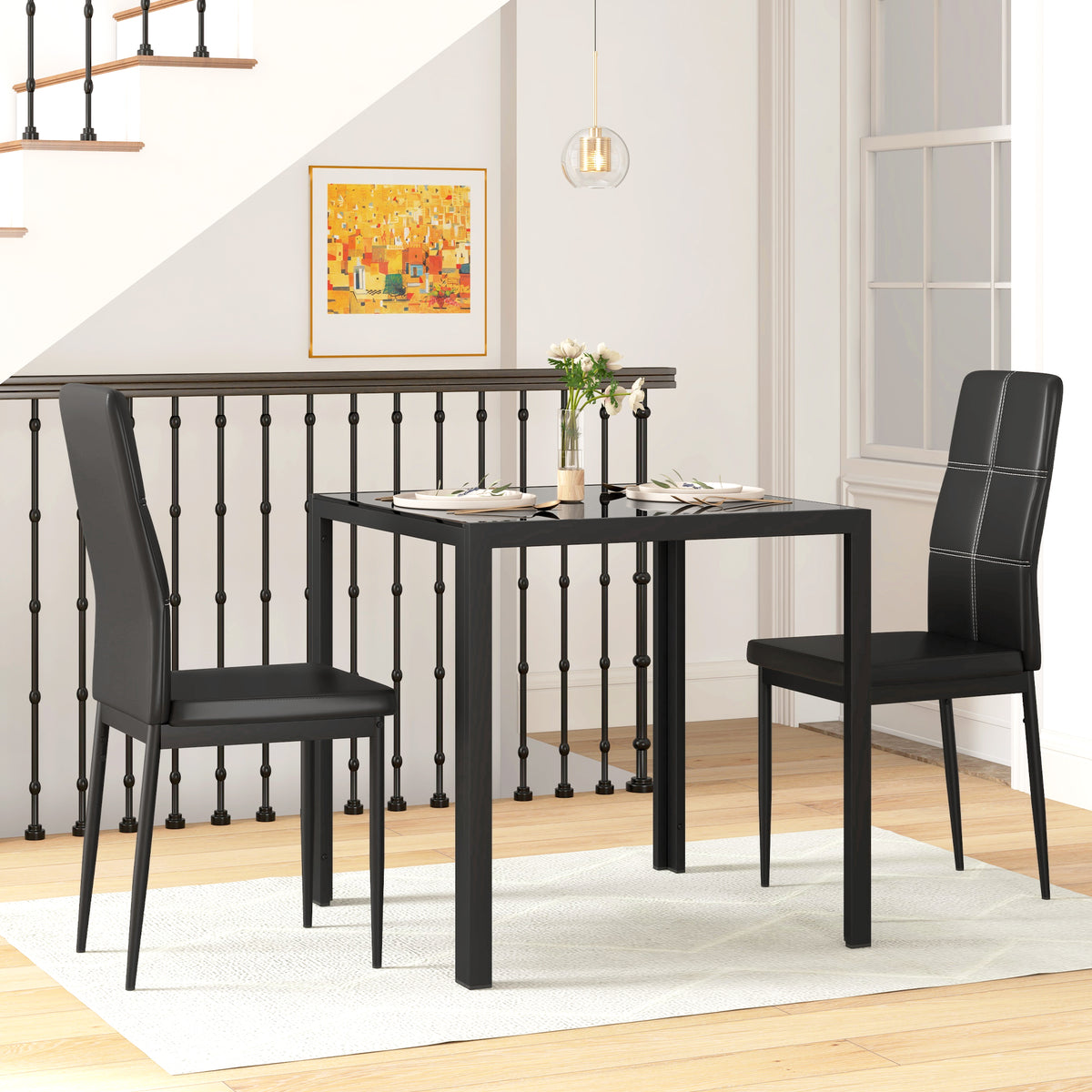 Conjunto Mesa de Jantar e Cadeiras para 2 Pessoas Tampo Retangular de Vidro para Cozinha Sala de Estar Casa Preto — imagem 3